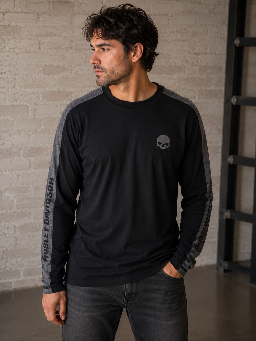 Harley-Davidson Long Sleeve Raglan Shirt Men's Large Black Grey Skull Graphic